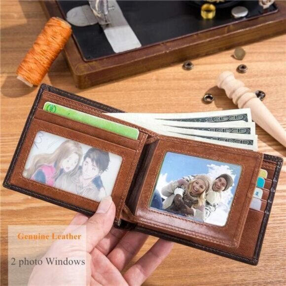 Men Slim Bifold Genuine Leather Front Pocket Wallet with 2 ID Windows (Brown) - Picture 3 of 7